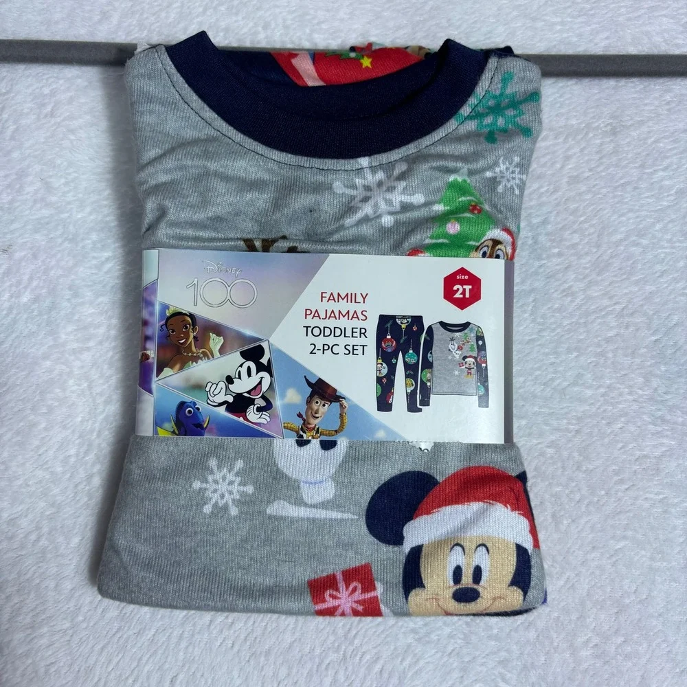 Disney Pajama Set Toddler 2T Gray New Holiday Mickey Mouse 100 Years 2-Piece Set
